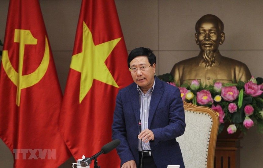 Phó Thủ tướng, Bộ trưởng Bộ Ngoại giao Phạm Bình Minh phát biểu chỉ đạo các đơn vị phối hợp chuẩn bị tổ chức Hội nghị Thượng đỉnh Mỹ-Triều Tiên lần 2. (Ảnh: Lâm Khánh/TTXVN).