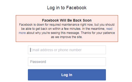 Thông báo bảo trì trên trang đăng nhập Facebook.