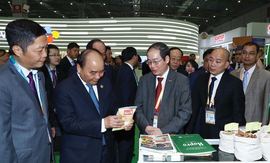 Thủ tướng Chính phủ Nguyễn Xuân Phúc và đoàn cán bộ cấp cao Việt Nam thăm gian hàng của Hapro tại Hội chợ nhập khẩu quốc tế Trung Quốc 2018.