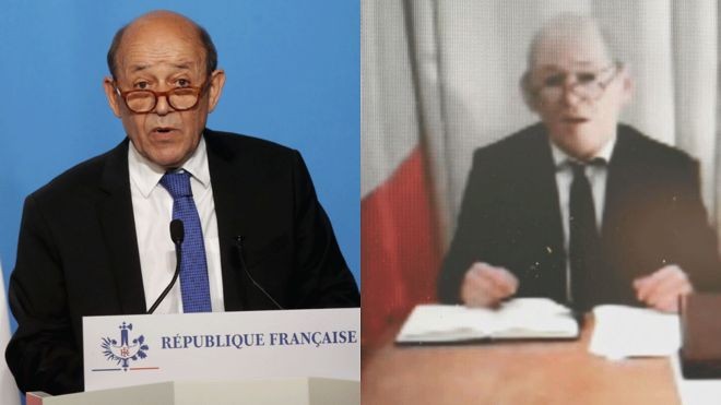 Bộ trưởng Pháp (trái) và kẻ mạo danh đeo mặt nạ qua cuộc gọi video. Ảnh: Getty.