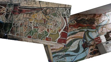 Hai bức tranh tường cổ động của họa sĩ Trường Sinh ở đoạn cắt Bạch Mai - Minh Khai (Hà Nội).
