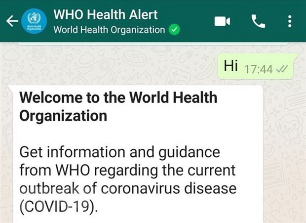 Ứng dụng WhatsApp WHO Health Alert truy vấn thông tin chính thức về COVID-19 qua tổng đài +41798931892 do WHO quản lý. (Ảnh: Đình Lượng/TTXVN).