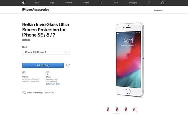 Trang web bán hàng trực tuyến của Apple "vô tình" để lộ tên gọi mẫu iPhone SE mới khi bán tấm dán màn hình. (Nguồn: Apple).