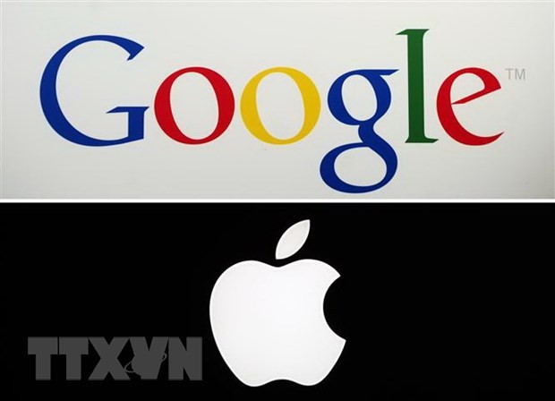 Biểu tượng Google và Apple. (Ảnh: AFP/TTXVN).