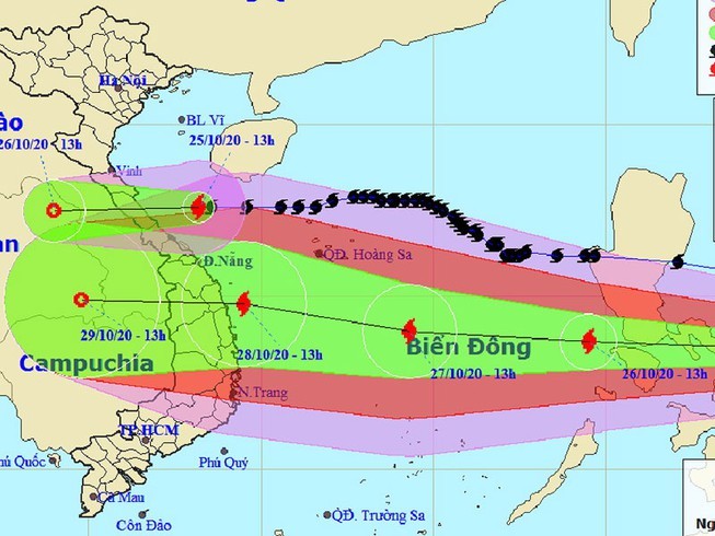 Dự báo đường đi của bão số 9 - bão Molave đến 10h ngày 29/10/2020.
