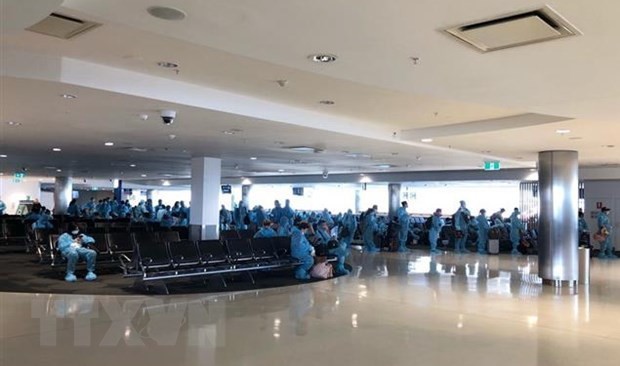 Các công dân Việt Nam làm thủ tục tại sân bay. (Ảnh: TTXVN phát).