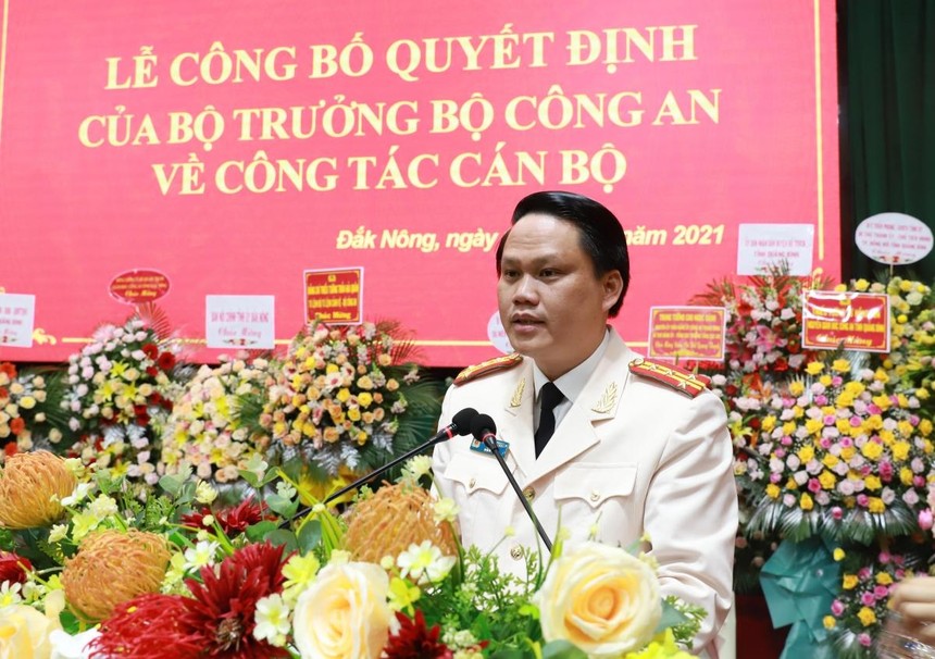 Đại tá Bùi Quang Thanh - Tân Giám đốc Công an tỉnh Đắk Nông phát biểu nhận nhiệm vụ.