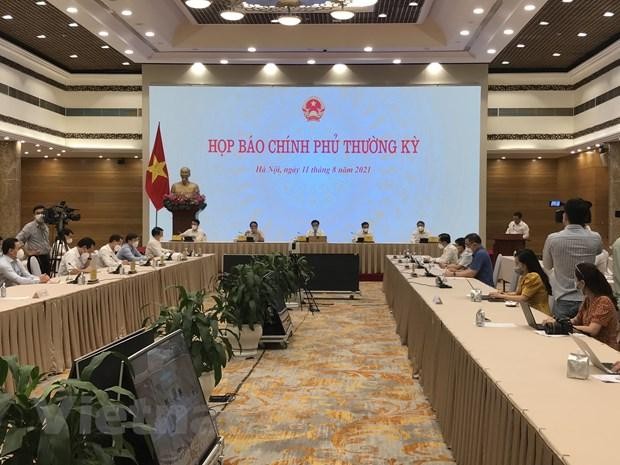 Phiên họp báo Chính phủ thường kỳ tháng 7/2021. (Ảnh: Xuân Quảng/Vietnam+).