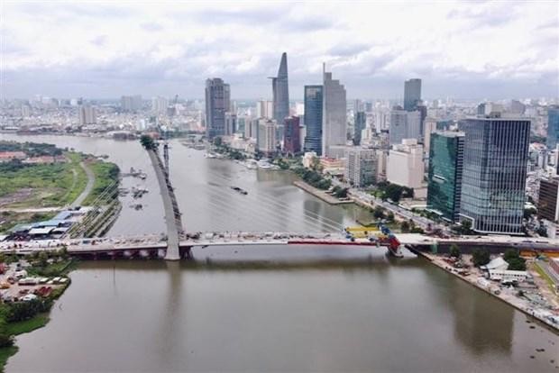 Cầu chính dự án cầu Thủ Thiêm 2 hợp long vào dịp Quốc khánh, ngày 2/9/2021. (Ảnh: Trung Tuyến/TTXVN).