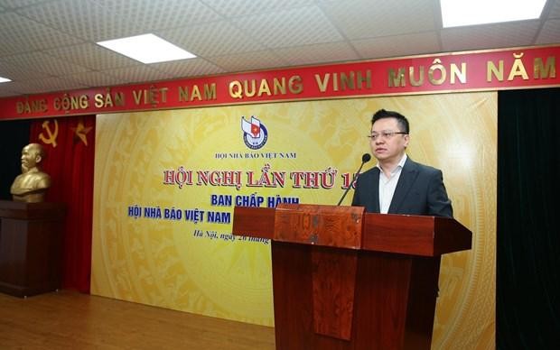 Tân Chủ tịch Hội Nhà báo Việt Nam Lê Quốc Minh phát biểu tại hội nghị. (Ảnh: Vietnam+).