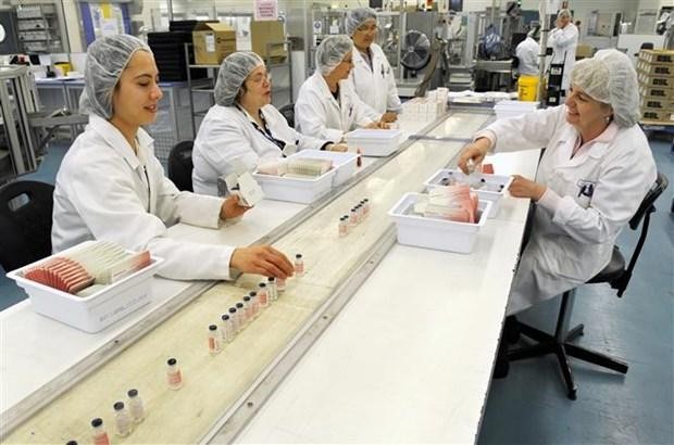 Công nhân làm việc trong dây chuyền sản xuất vaccine tại cơ sở của Tập đoàn y tế Australia CSL ở Melbourne. (Ảnh: AFP/TTXVN).