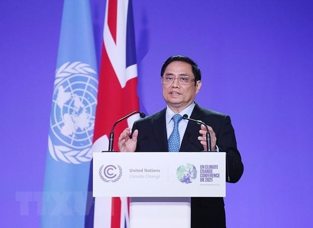 Thủ tướng Phạm Minh Chính phát biểu tại Hội nghị lần thứ 26 các bên tham gia Công ước khung của Liên hợp quốc về biến đổi khí hậu (COP26). (Ảnh: Dương Giang/TTXVN).