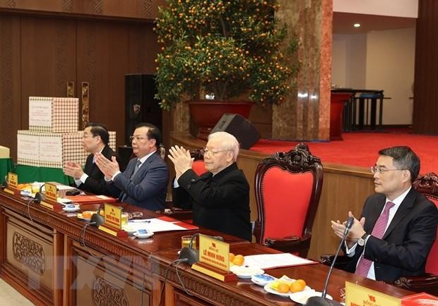 Tổng Bí thư Nguyễn Phú Trọng thăm và chúc Tết Đảng bộ, chính quyền và nhân dân Thủ đô Hà Nội. (Ảnh: Trí Dũng/TTXVN).