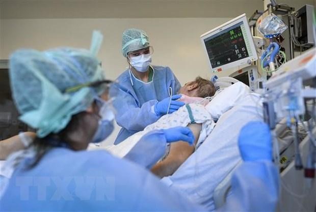 Nhân viên y tế điều trị cho bệnh nhân COVID-19 tại bệnh viện ở Brussels, Bỉ. (Ảnh: AFP/TTXVN).