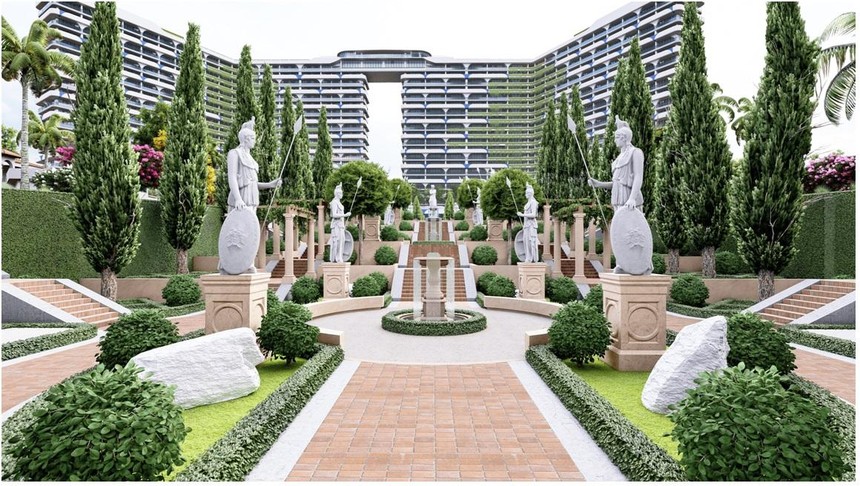 Kiến trúc độc đáo phác họa cảm tác Hy Lạp nổi bật trong công viên cảnh quan và thiết kế biệt thự Cam Ranh Bay Hotels & Resort.
