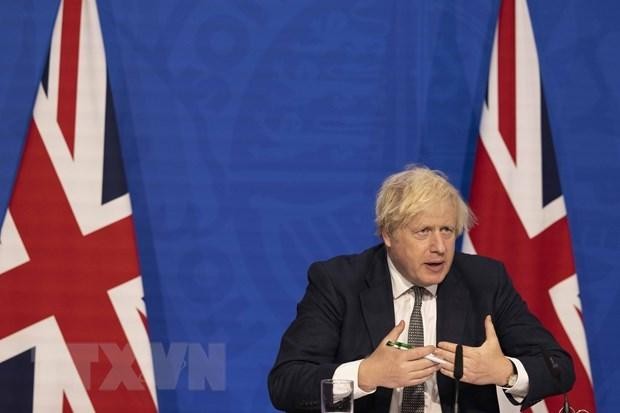 Thủ tướng Anh Boris Johnson phát biểu tại hội nghị trực tuyến ở London, Anh. (Ảnh: AFP/TTXVN)