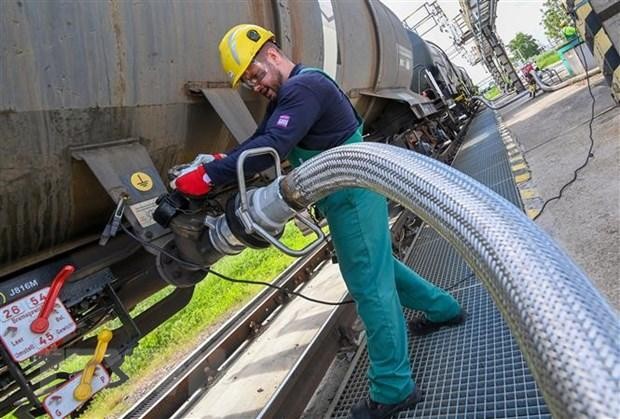 Công nhân vận hành ống dẫn nhiên liệu lỏng tại cơ sở lọc dầu ở thị trấn Szazhalombatta, Hungary. (Ảnh: AFP/TTXVN).
