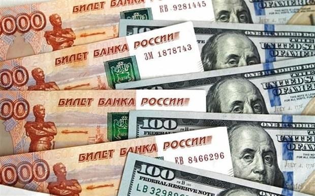 Đồng ruble Nga (bên trái) và đồng đôla Mỹ. (Ảnh: Sputnik/TTXVN).