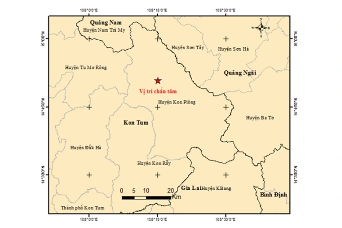 Bản đồ chấn tâm động đất xảy ra ở huyện Kon Plông sáng 3/9 (Ảnh chụp màn hình).