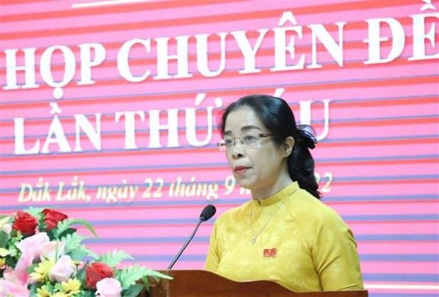 Bà Huỳnh Thị Chiến Hòa, Chủ tịch HĐND tỉnh Đắk Lắk khóa X, nhiệm (kỳ 2021-2026) phát biểu nhận nhiệm vụ. (Ảnh: Tuấn Anh/TTXVN)