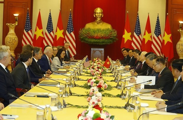 Tổng Bí thư Nguyễn Phú Trọng hội đàm với Tổng thống Hoa Kỳ Joe Biden. (Ảnh: Trí Dũng/TTXVN).