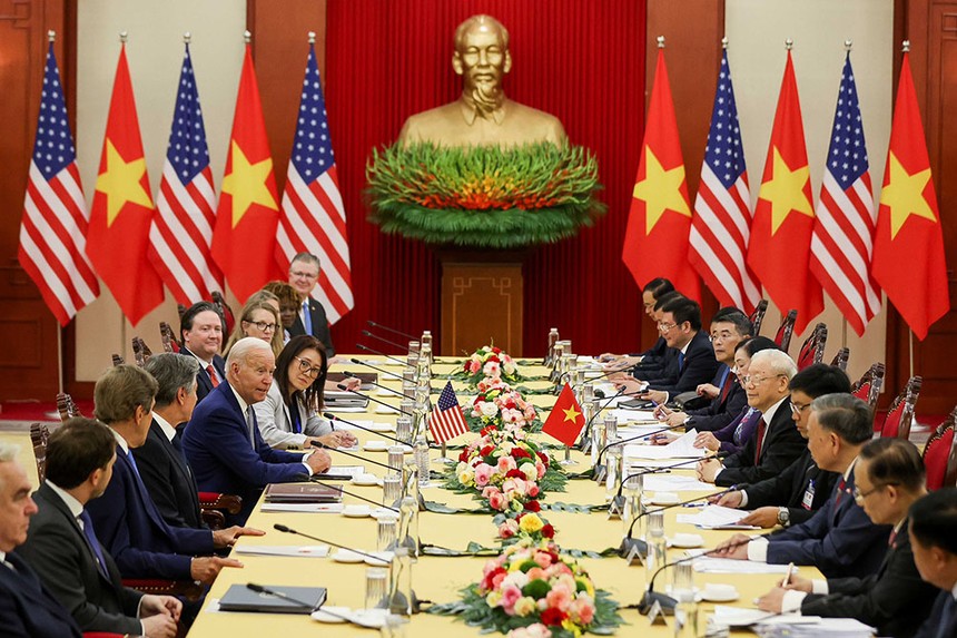 Tổng Bí thư Nguyễn Phú Trọng hội đàm với Tổng thống Hoa Kỳ Joe Biden. (Ảnh: Đức Thanh).