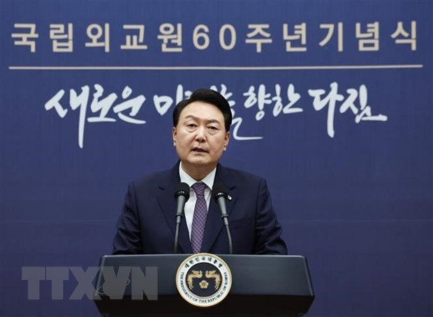 Tổng thống Hàn Quốc Yoon Suk Yeol phát biểu tại một sự kiện ở Seoul ngày 1/9/2023. (Ảnh: Yonhap/TTXVN)