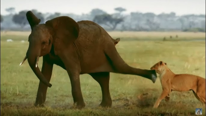 Bị tấn công bất ngờ, chú voi rừng cho sư tử "hiểu" ai mới là chủ nhân của rừng rậm