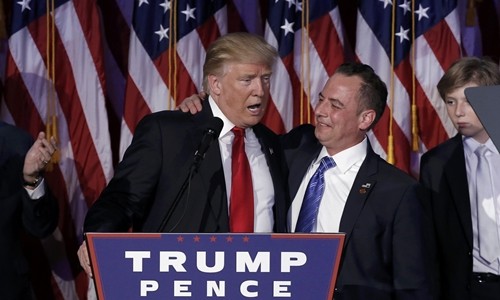 Donald Trump cảm ơn Reince Priebus (cà vạt xanh) trong bài phát biểu chiến thắng ngày 9/11. Ảnh: Reuters