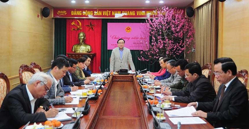 Bí thư Thành ủy Hà Nội Hoàng Trung Hải chủ trì buổi làm việc. Ảnh: VGP/Gia Huy