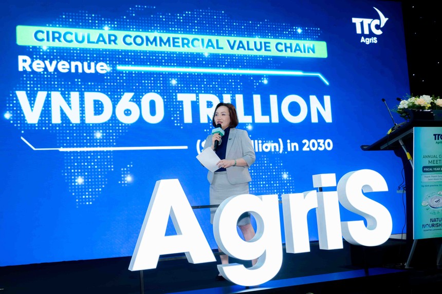 Bà Huỳnh Bích Ngọc, Chủ tịch TTC AgriS báo cáo tại Đại hội.