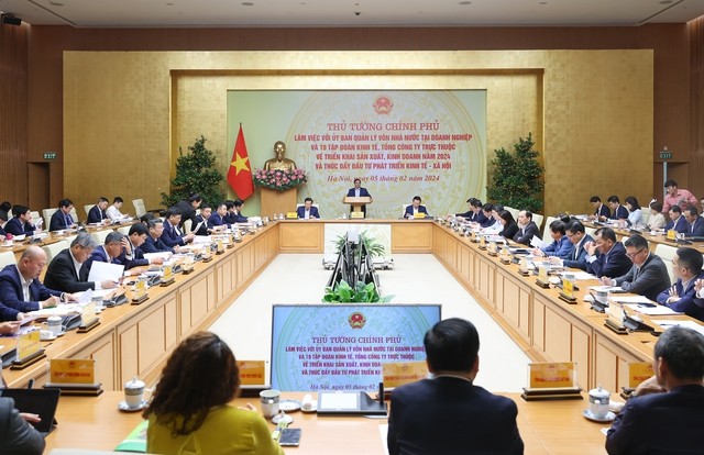 Thủ tướng Phạm Minh Chính chủ trì hội nghị làm việc với Ủy ban Quản lý vốn Nhà nước tại doanh nghiệp và 19 tập đoàn, tổng công ty trực thuộc - Ảnh: VGP/Nhật Bắc
