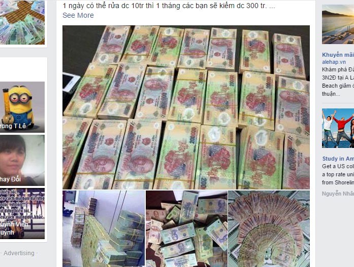 Thông tin rao bán tiền giả vẫn xuất hiện công khai trên mạng Facebook. Ảnh chụp lại màn hình.
