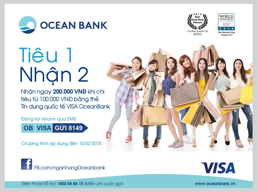 “Tiêu 1 Nhận 2” với thẻ tín dụng quốc tế VISA OceanBank