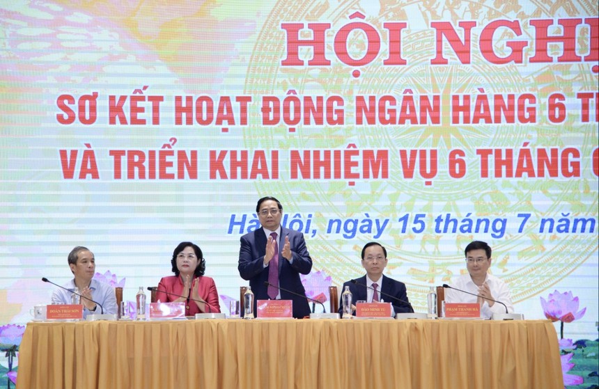 Thủ tướng Phạm Minh Chính dự hội nghị ngành ngân hàng ngày 15/7/2023 - Ảnh: NHNN
