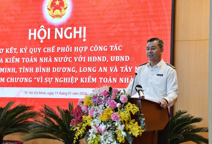 Tổng Kiểm toán nhà nước Ngô Văn Tuấn phát biểu tại Hội nghị.