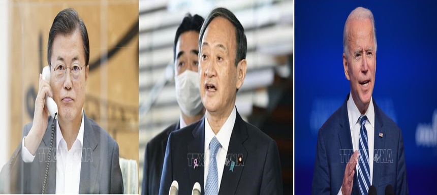 Từ trái qua phải: Tổng thống Hàn Quốc Moon Jae-in, Thủ tướng Nhật Bản Suga Yoshihid và ông Joe Biden. Ảnh: Yonhap, Kyodo,AFP/ TTXVN