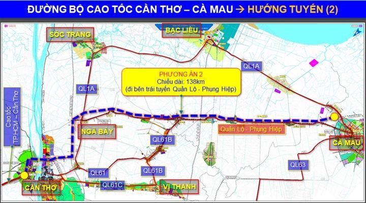 Phương án tuyến cao tốc Cần Thơ - Cà Mau. (Ảnh: Bộ GTVT).