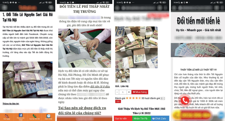 Trên mạng điện tử ngập tràn hình ảnh quảng cáo dịch vụ đổi tiền mới, tiền lẻ (Ảnh: Dũng Minh)