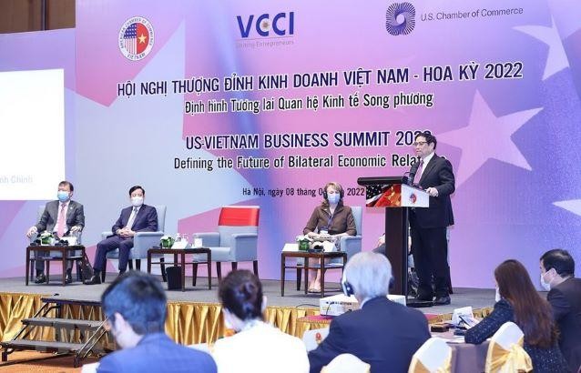 Thủ tướng Phạm Minh Chính phát biểu tại Hội nghị Thượng đỉnh Kinh doanh Việt Nam - Hoa Kỳ, sáng 8/3. (Ảnh: TTXVN).