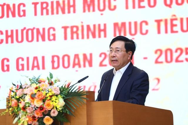 Phó Thủ tướng Thường trực Phạm Bình Minh chủ trì hội nghị trực tuyến toàn quốc triển khai thực hiện Chương trình mục tiêu quốc gia xây dựng nông thôn mới và Chương trình mục tiêu quốc gia giảm nghèo bền vững giai đoạn 2021-2025. (Ảnh: VGP)