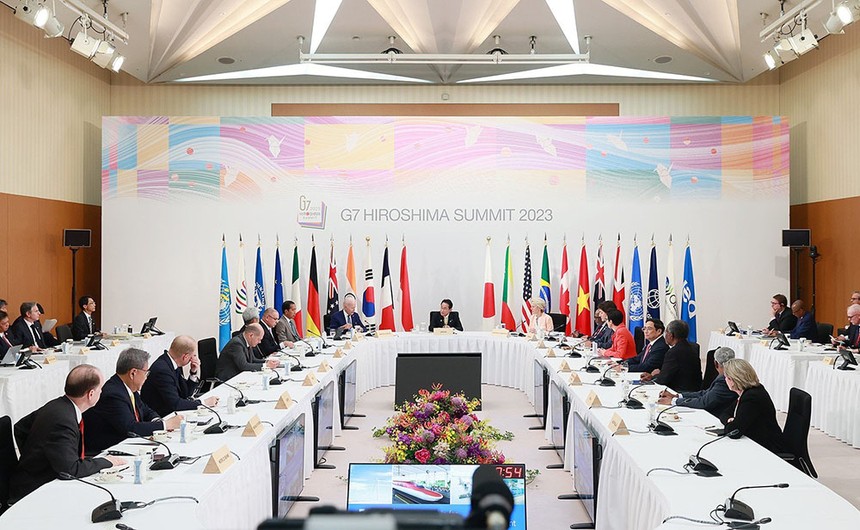 Phiên họp “Nỗ lực chung vì một hành tinh bền vững” trong khuôn khổ Hội nghị Thượng đỉnh G7 mở rộng tại Hiroshima (Ảnh: Nhật Bắc) 