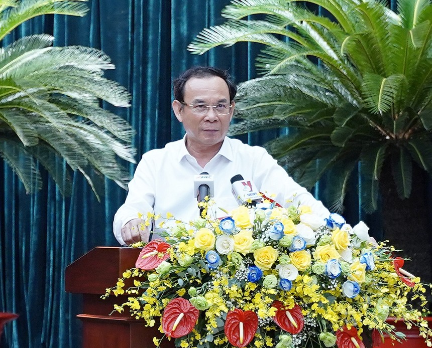 Bí thư Thành ủy TP.HCM Nguyễn Văn Nên phát biểu tại Hội nghị. Ảnh: Thuận Văn.