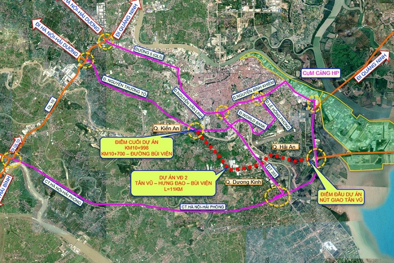 Dự án đường vành đai 2 tuyến Tân Vũ - Hưng Đạo - Bùi Viện có tổng chiều dài khoảng 10,6 km qua địa phận quận Hải An, Dương Kinh và Kiến An (TP. Hải Phòng). Nguồn: Internet. 