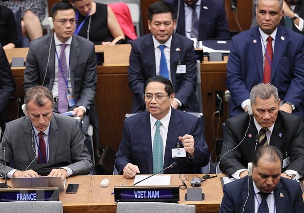 Thủ tướng Phạm Minh Chính phát biểu tại Hội nghị Thượng đỉnh Tham vọng Khí hậu của Liên hợp quốc. (Ảnh: Dương Gian/TTXVN)
