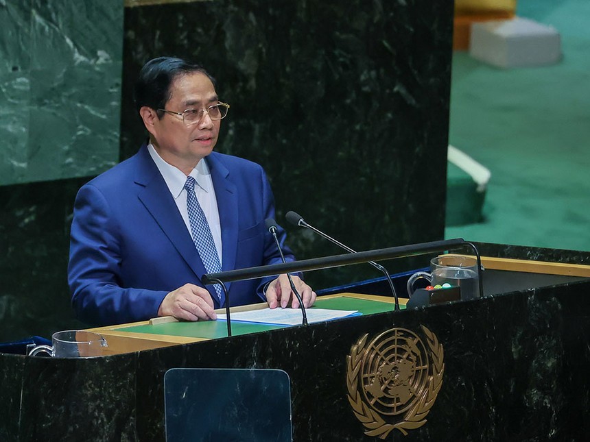 Thủ tướng Phạm Minh Chính phát biểu tại Phiên thảo luận chung Cấp cao Đại hội đồng Liên hợp quốc khóa 78. (Ảnh: Nhật Bắc) 