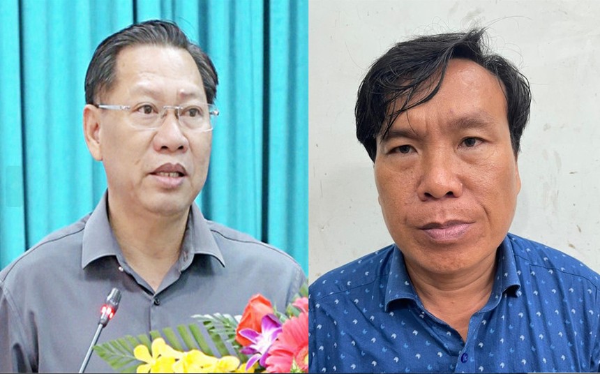 Bị can Phùng Mỹ Luông (bên phải) cùng Phó chủ tịch UBND tỉnh An Giang Trần Anh Thư, trong vụ án khai thác cát trái phép.