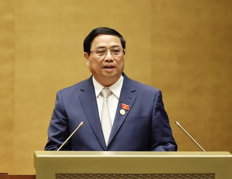 Thủ tướng Chính phủ Phạm Minh Chính báo cáo tại phiên khai mạc Kỳ họp thứ sáu của Quốc hội. 