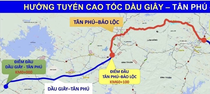 Minh hoạ hướng tuyến cao tốc Dầu Giây - Tân Phú.