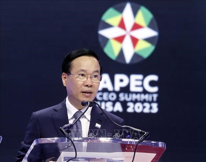Chủ tịch nước Võ Văn Thưởng phát biểu tại Hội nghị Thượng đỉnh Doanh nghiệp APEC. Ảnh: Thống Nhất – TTXVN 
